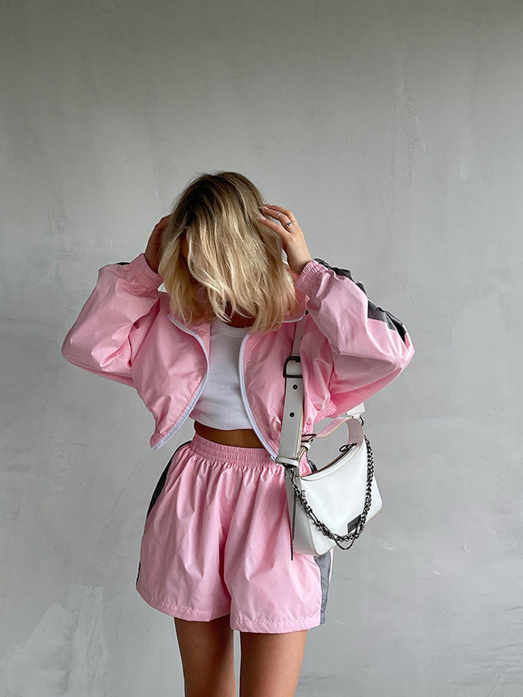Women's Long-sleeved Zipper Sport Cardigan Coat Shorts Suit Casual