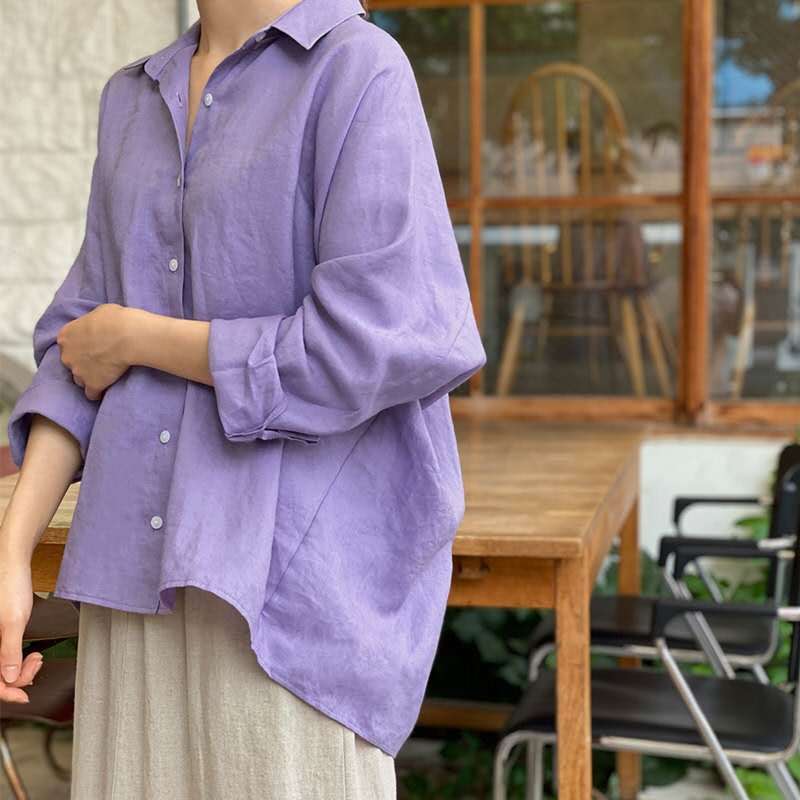 Cotton And Linen Shirt Purple Vintage Top