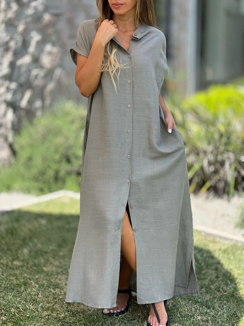 Cotton And Linen Casual Short-sleeved Cardigan Dress