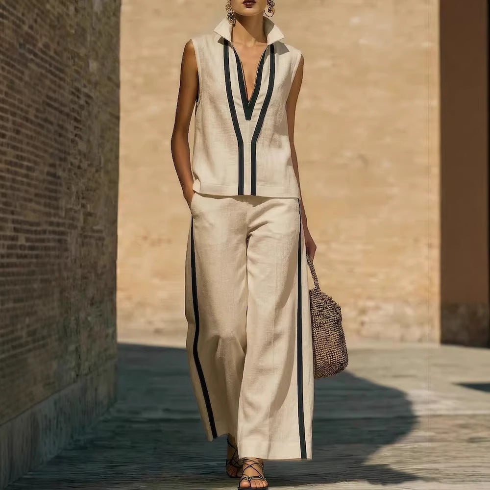 Contrasting-Color Sleeveless Single-Breasted Vest And Drawstring Pants Set