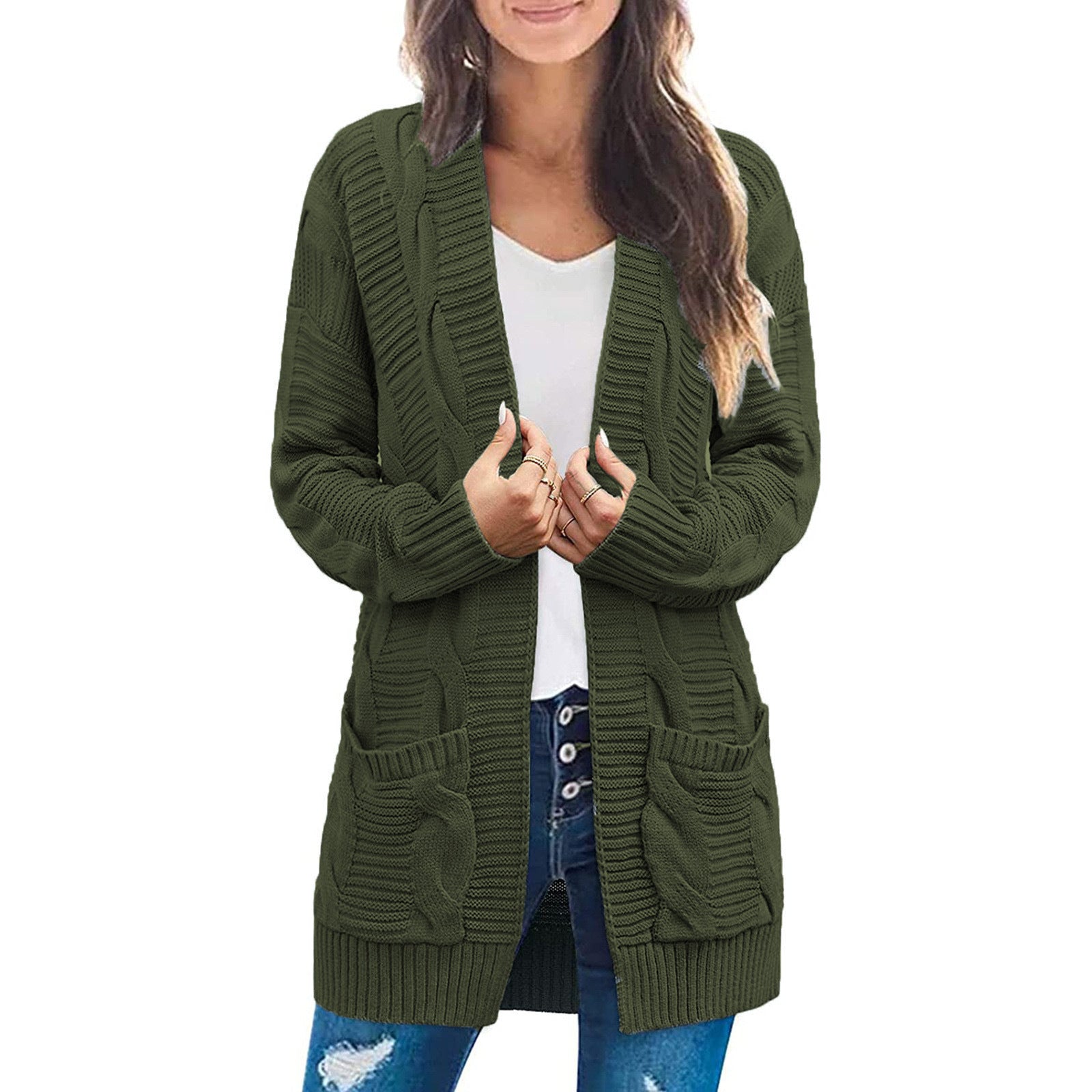 Plus Size Women's Coat Twist Double Pocket Cardigan Sweater