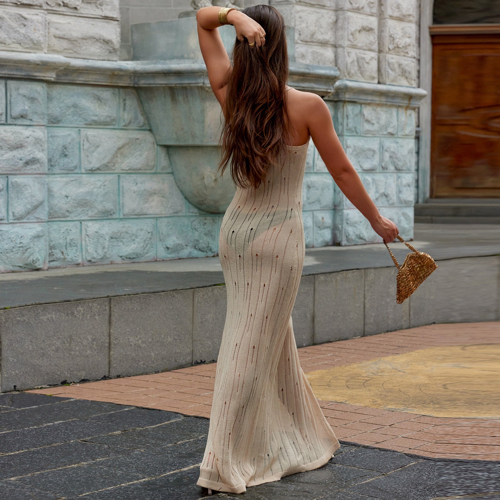 Backless Beach Cutout Side-Slit Knitted Slip Dress