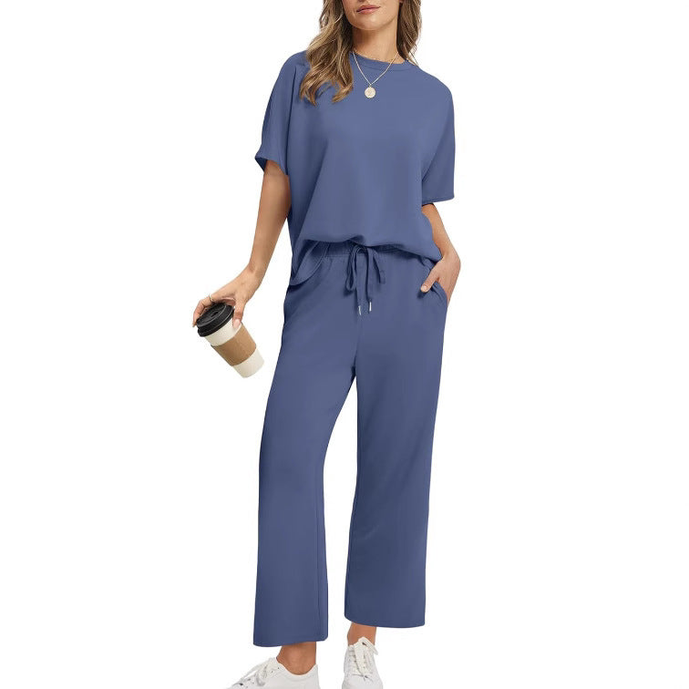 European And American Women's Solid Color Short-sleeved Casual Wide-leg Pants Suit