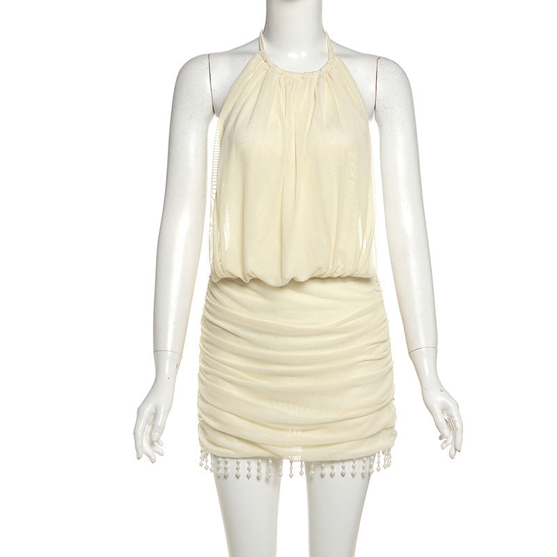 Halter Sleeveless Stitching Tassel Beads Sheath Dress