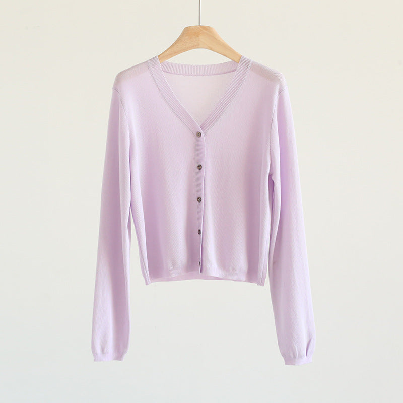 Spring And Summer V-neck Short Tencel Knitted Cardigan Pure Color All-matching