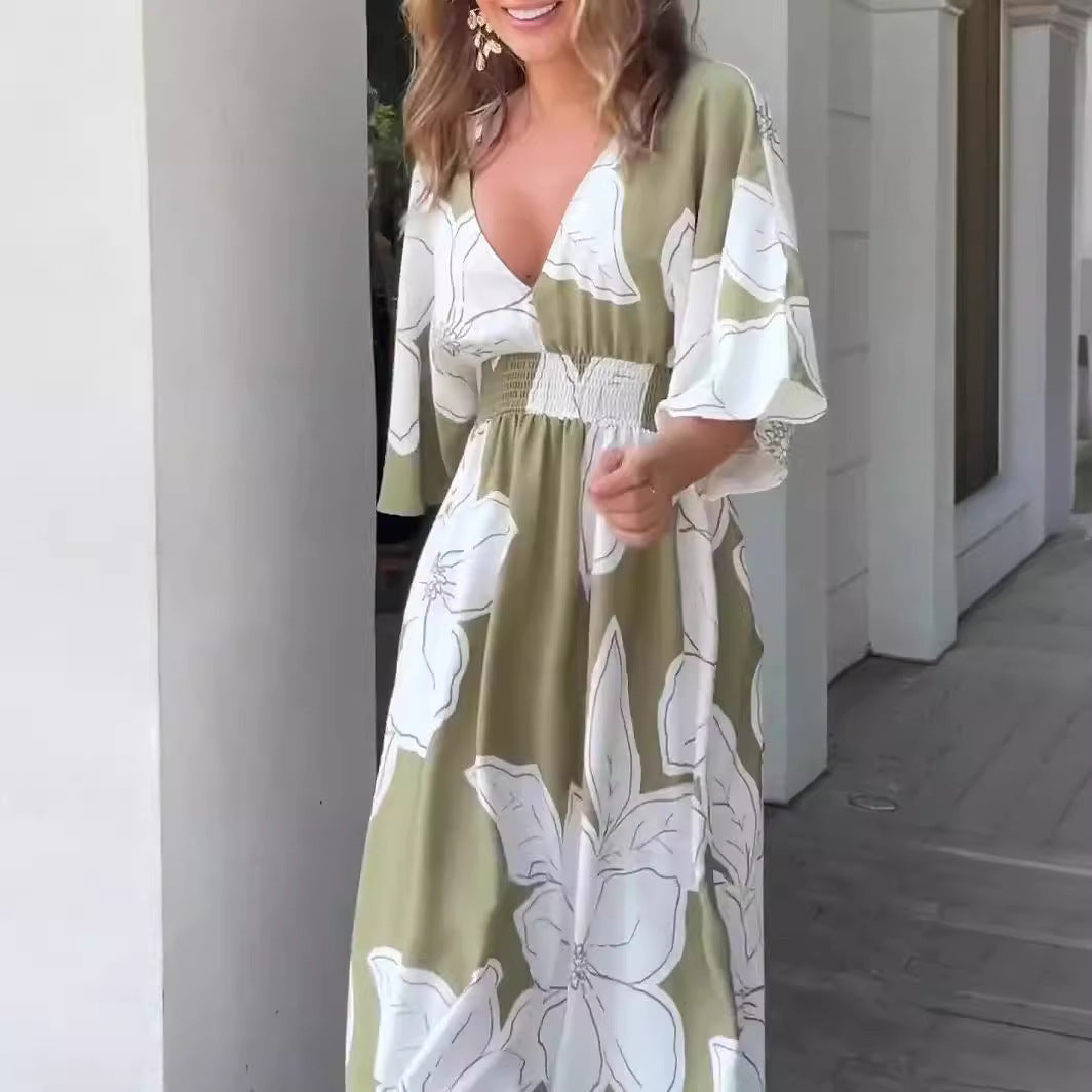Flower Printed V-neck Long Dress