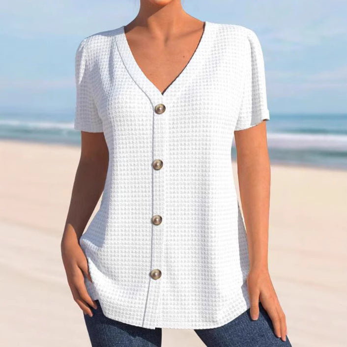 European And American Solid Color Buttons V-neck Short Sleeve Loose Casual Top