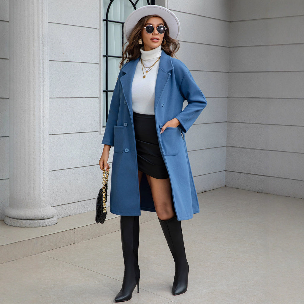 Blue Waist-tie Mid-length Women's Wool Coat