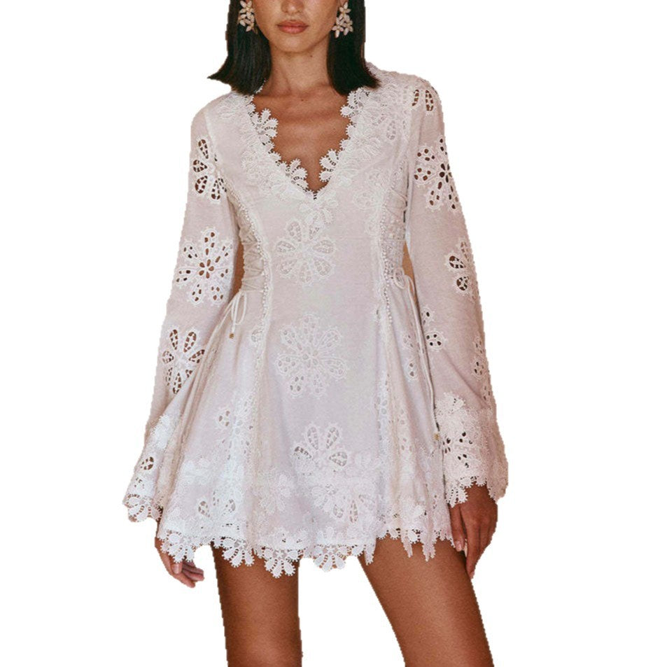 European And American Long Sleeve Tied Lace V-neck Slim Fit Skirt Dress