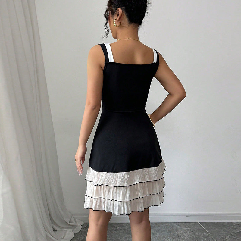 Women's Sling Contrast Color Multi-layer Cake Dress
