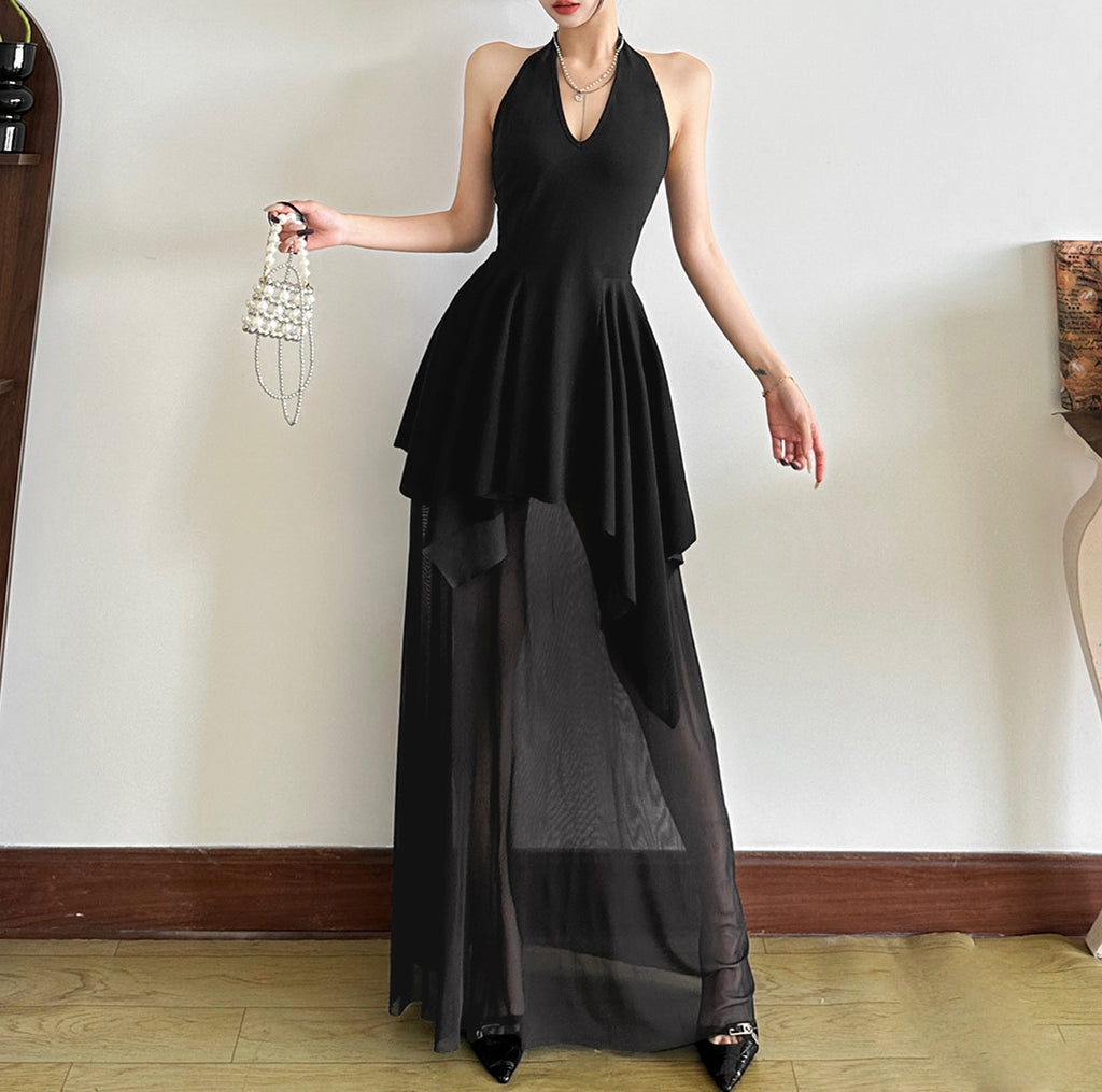 French Style V-neck Backless Girdle Mesh Stitching Design Dress Women