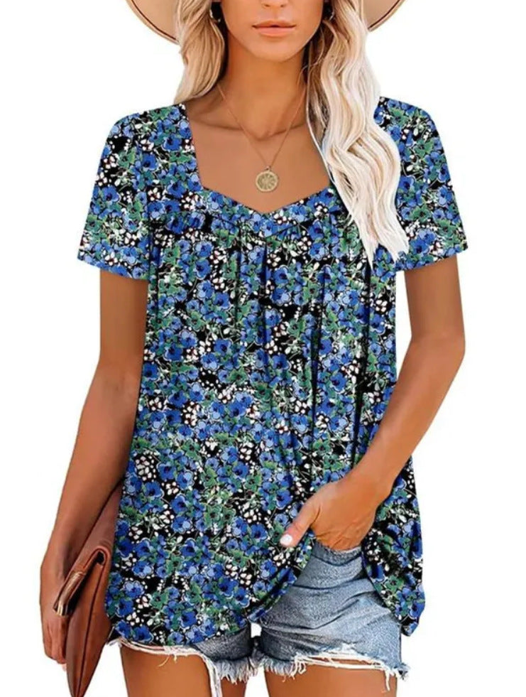 Women's Clothing Square Collar Short Sleeve Printed Loose T-shirt