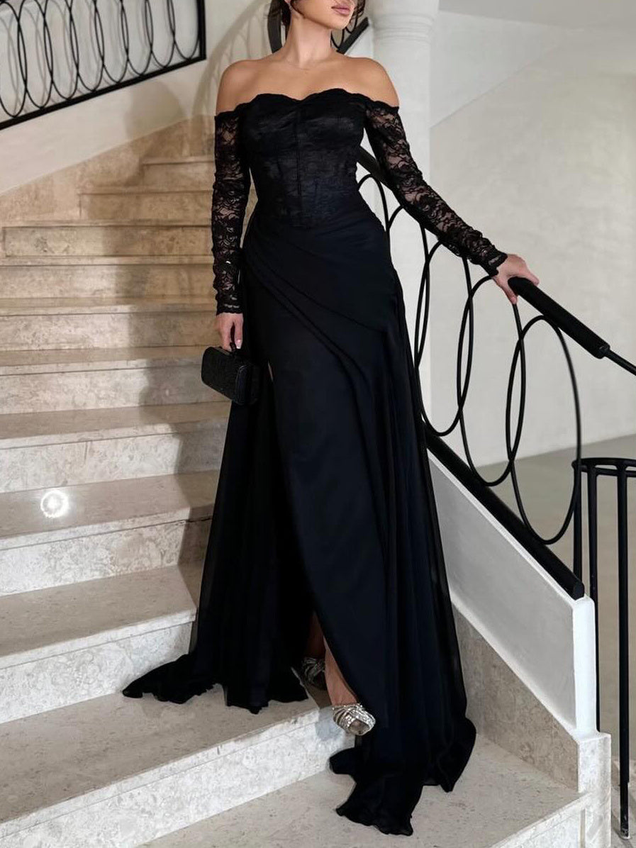 Black Off - Shoulder Lace - Sleeve High Slit Dress