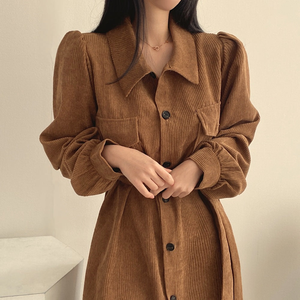 Autumn Winter Retro Lapel Single Breasted Lace-up Waist-controlled Long Corduroy Dress Women