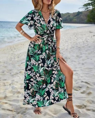 Summer Women's Printed Short Sleeve Dress V-neck Waist-slimming Long Dress