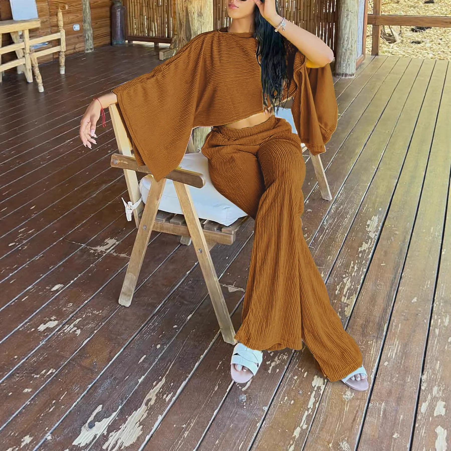 Solid-color Off-shoulder Top With An Asymmetrical Neckline, Paired With Elastic-waist Pants Featuring Pockets