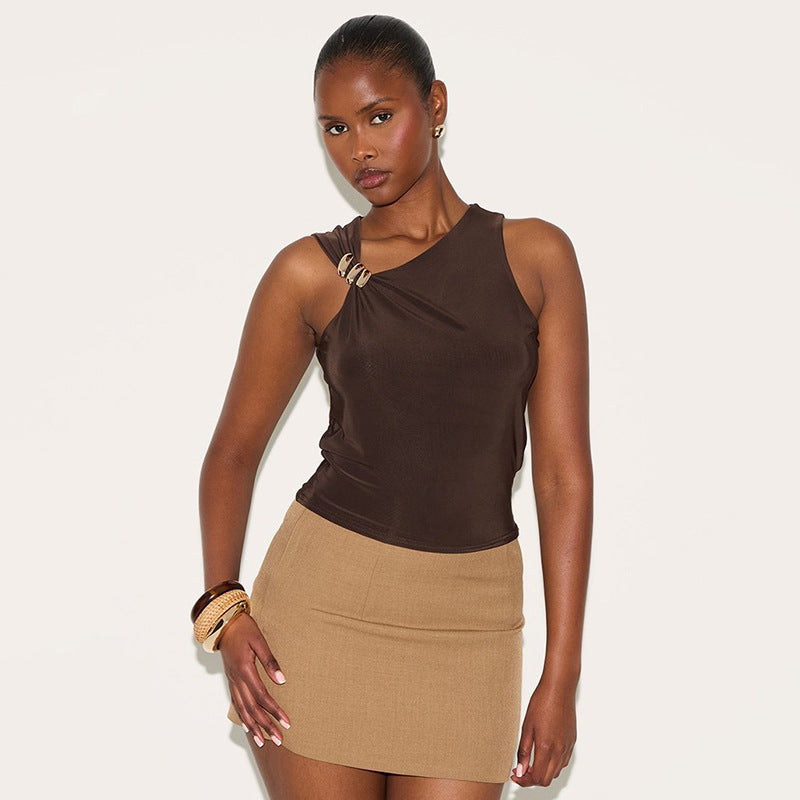 Double Shoulder Diagonal Collar Metal Decorative Slim Vest
