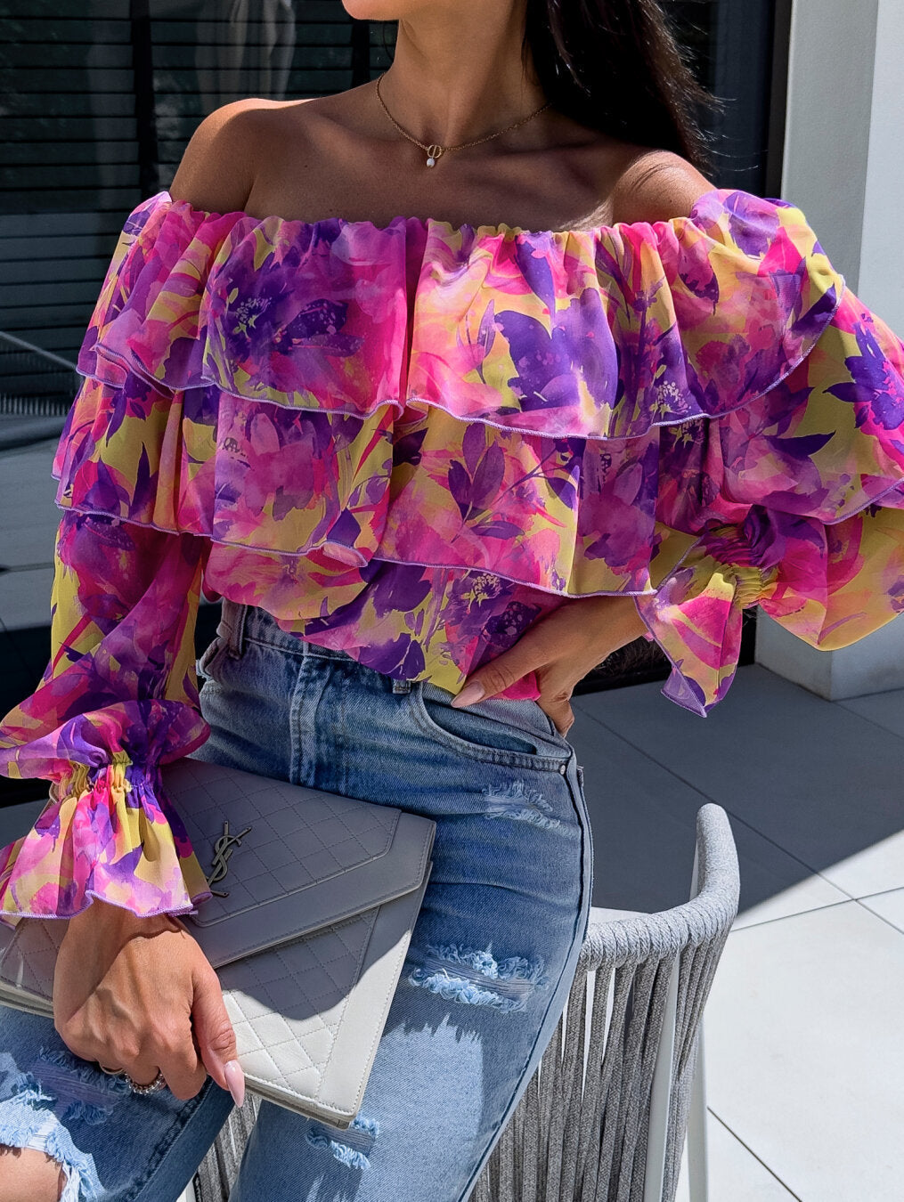 Fashionable Off-shoulder Print Blouse With A Boat Neckline