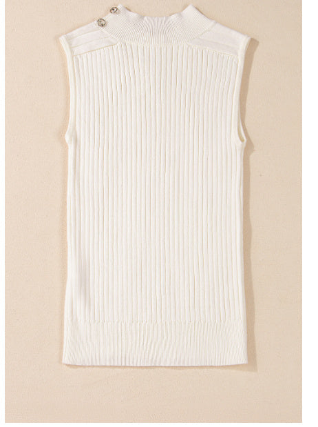 White Ribbed Knit High Neck Sweater Vest
