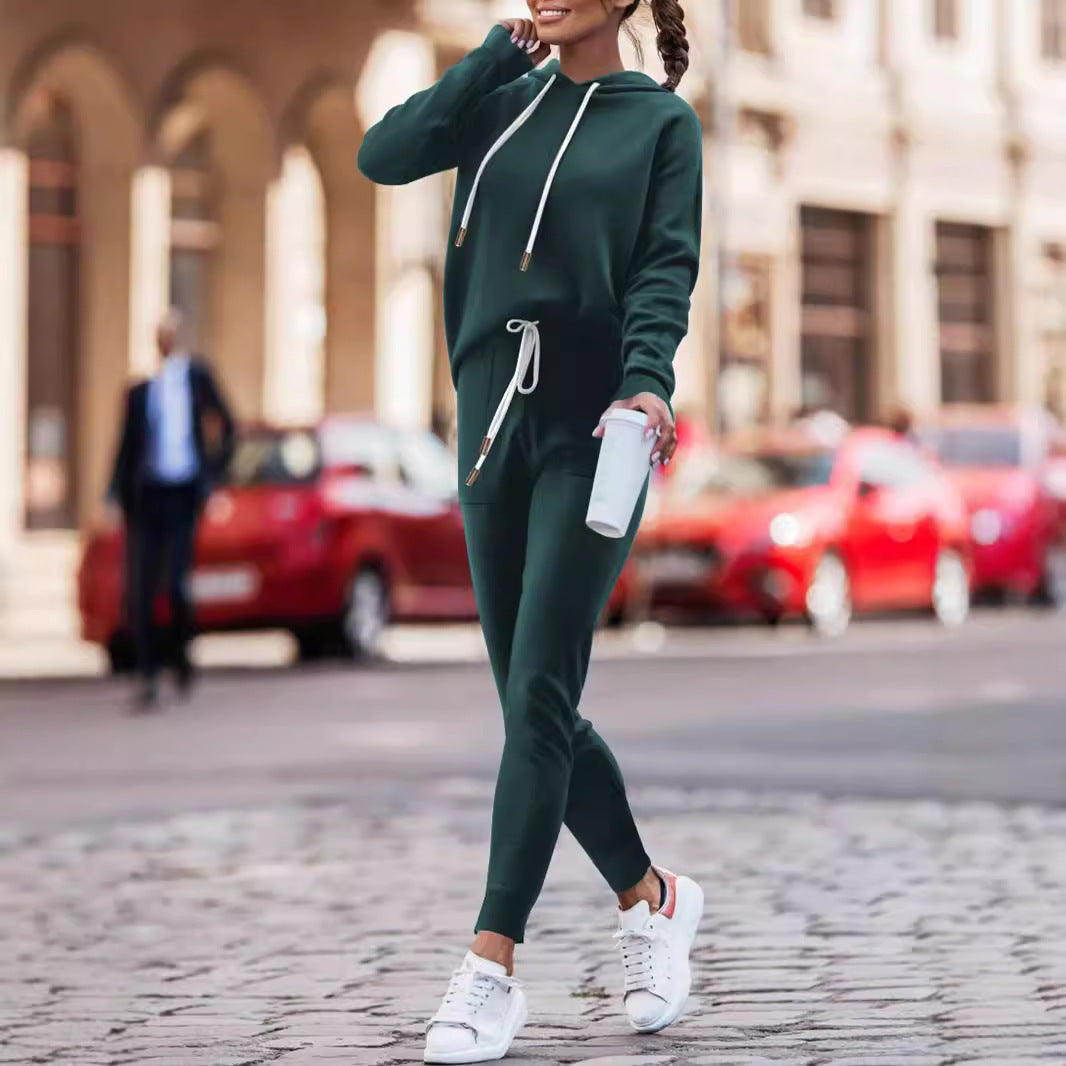 Hoodie With Drawstrings High Waist Trousers Casual Sweatshirt Two-piece Suit