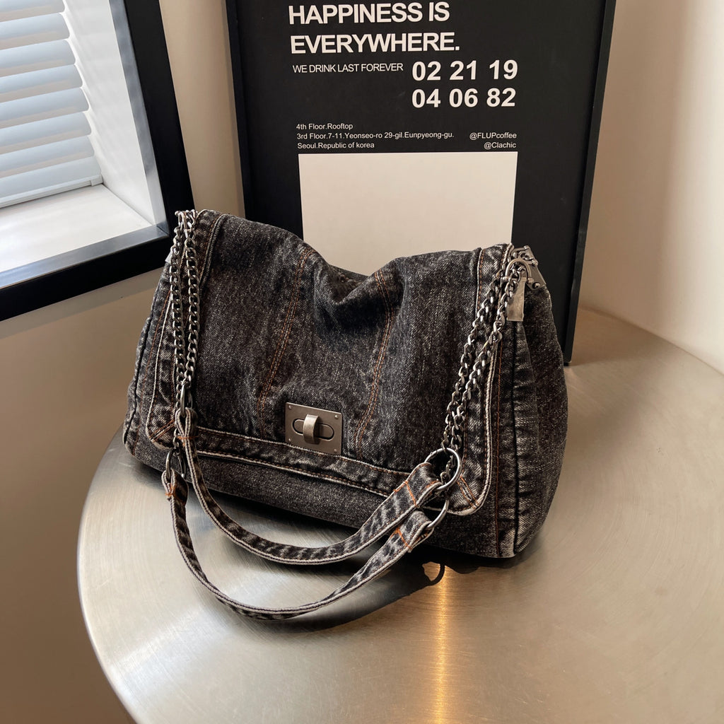Versatile Denim Tote For Women  Chic Crossbody Bag With Chain Strap, Spacious Casual And Work Purse