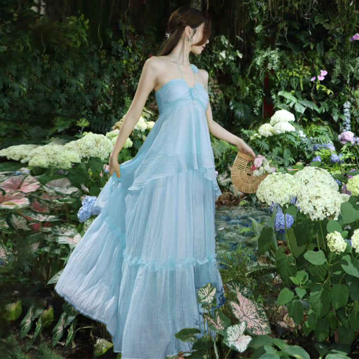 High-end Design French Chic Beach Dress Seaside Vacation Mint Mambo Green Halter Dress