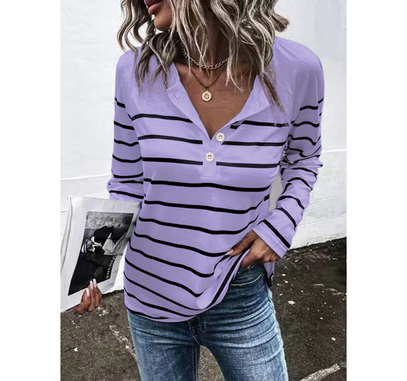 Striped Round Neck Button Casual Loose Long Sleeve