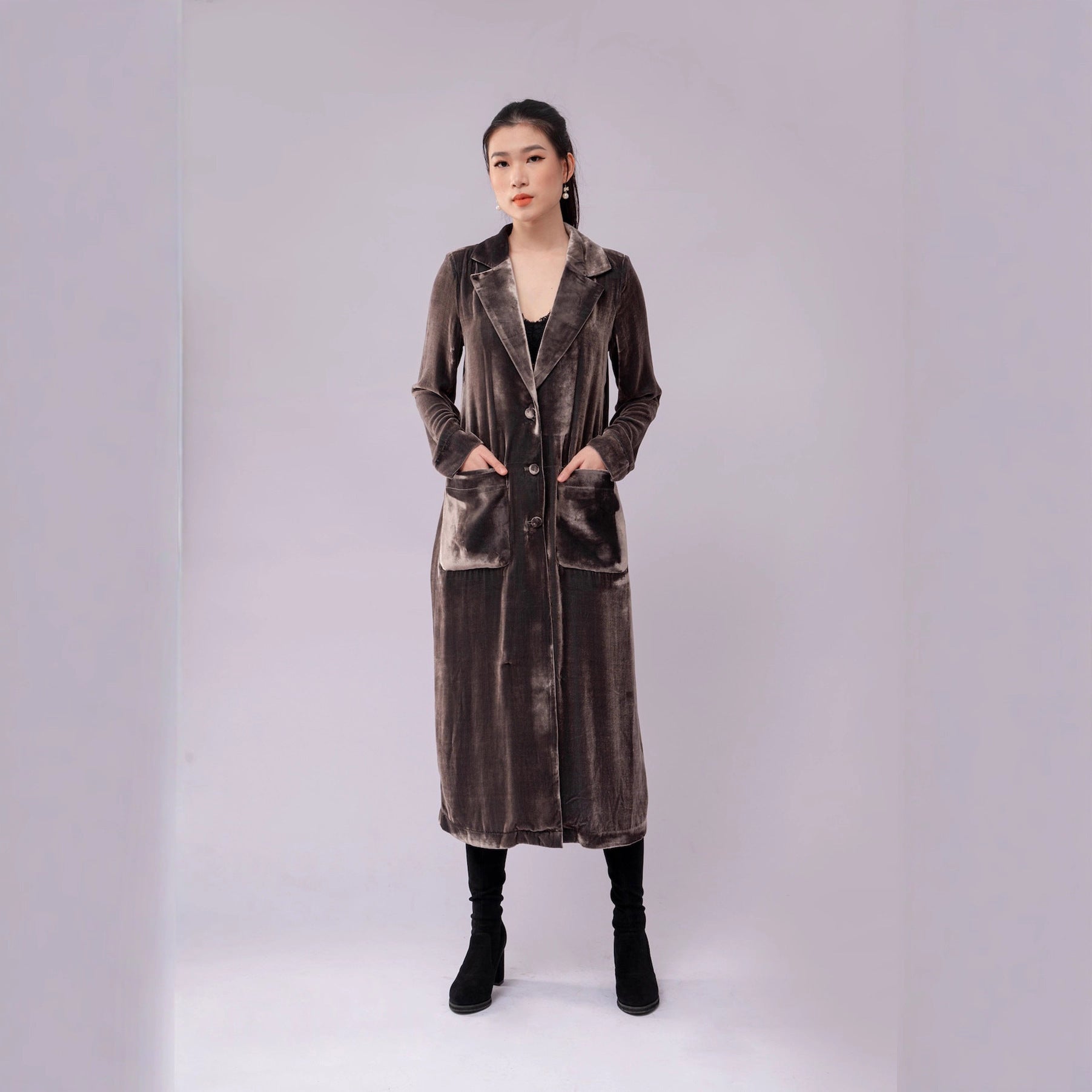 Elegant Women's Velvet Overcoat Coat Conventional Sleeve