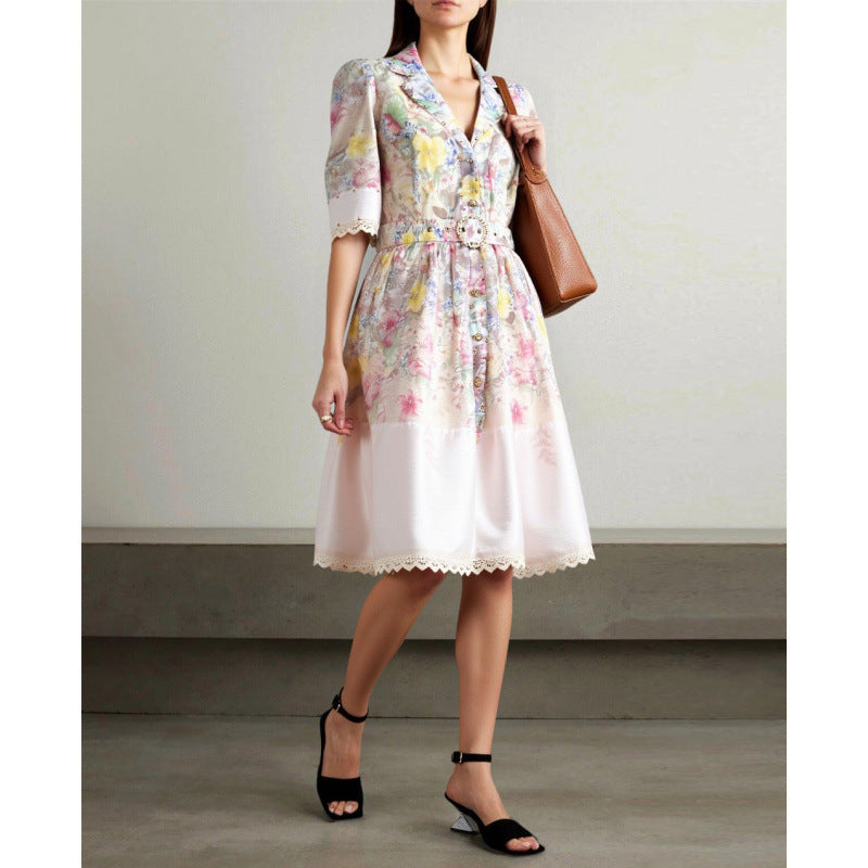 Vintage Printed Heavy Industry Beads Lace Stitching Dress Short And Belt