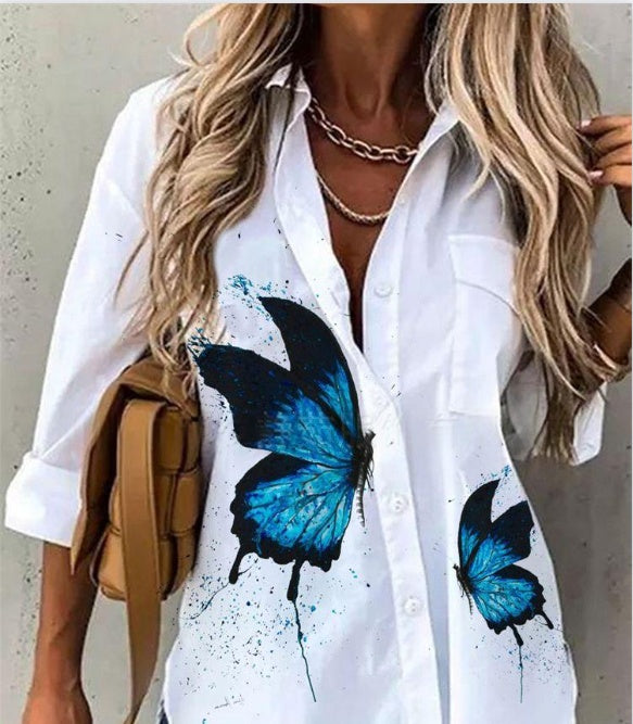 Spring And Summer New Fashionable Printed Collar Long Sleeved Shirt For Women