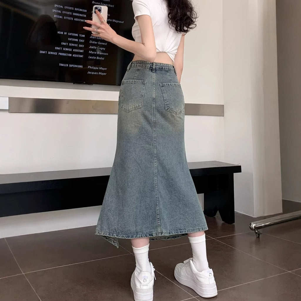 Irregularly Split Fishtail Denim Skirt