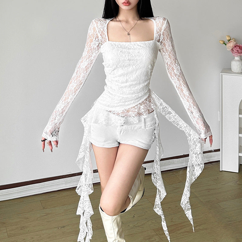 Square Collar Irregular Ribbon Slim Fit Peplum Top Women