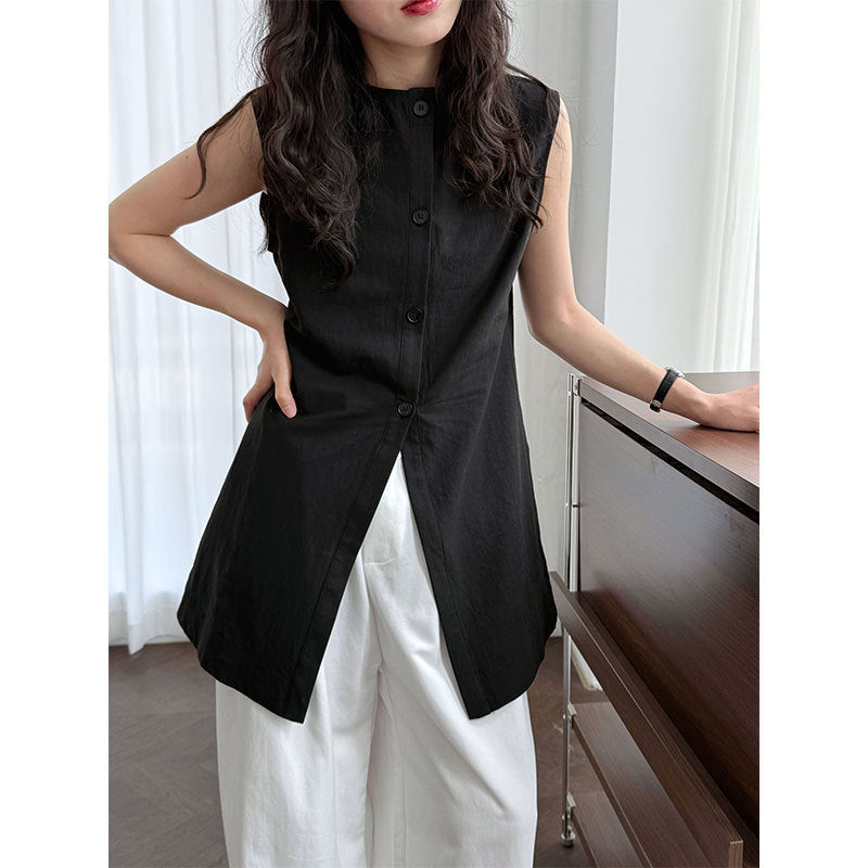 French Tencel Linen Two-sided Wear Temperament Loose Sleeveless Top