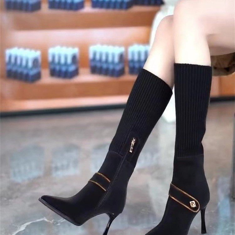 Stylish Stretchy Knit High-heeled Slim Boots With A Thin Heel For Women