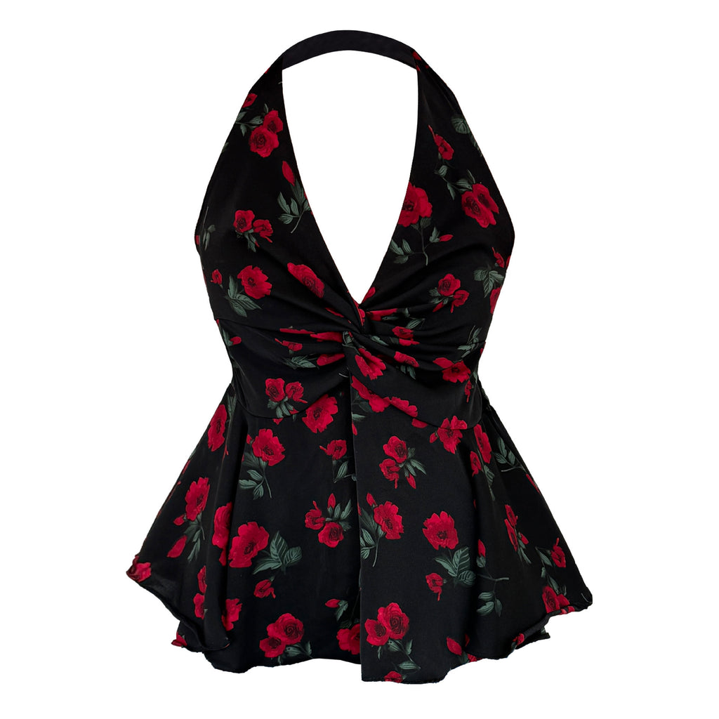 French Romantic V-neck Floral Halter Waist-controlled Top