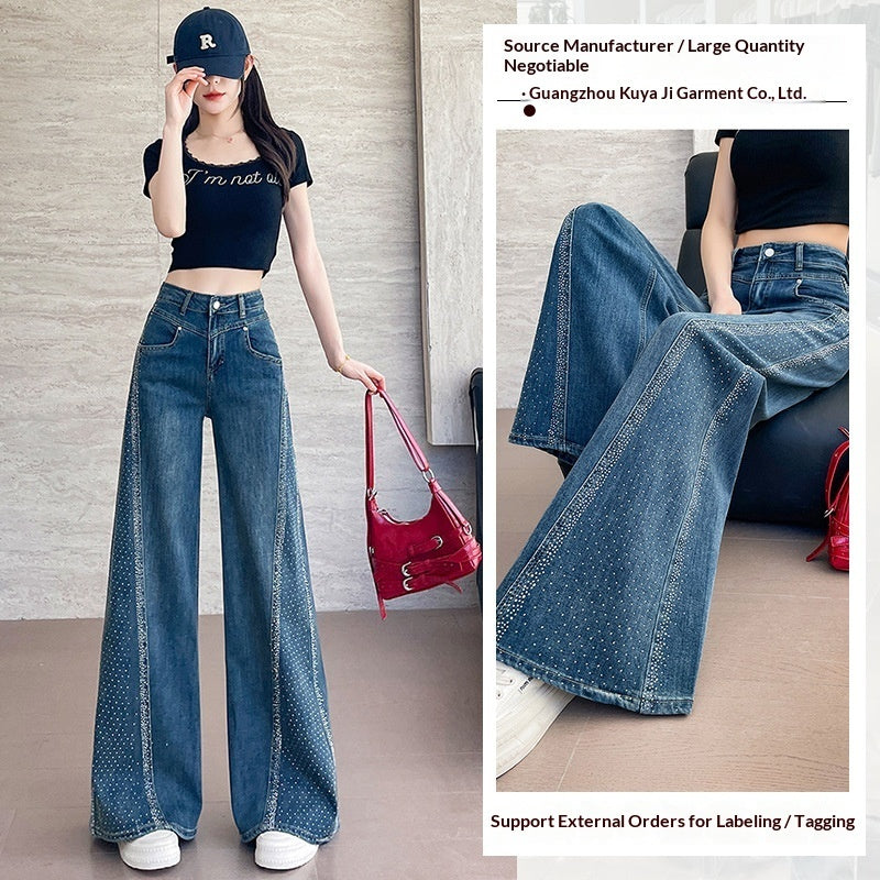 Hot-stone Embellished Wide-leg Flared Denim Jeans For Women Loose Fit In Washed Blue