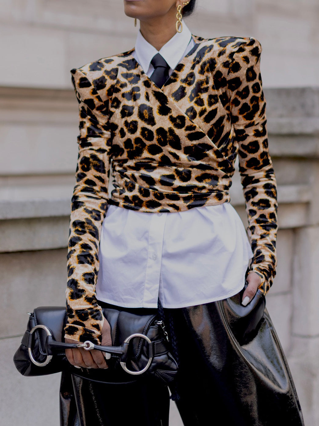 Leopard Print V-neck Top White Shirt Two-piece Set