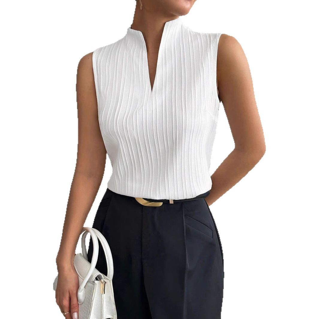 European And American Women's Top Solid Color And V-neck Slim Fit Slimming Sleeveless Texture Short Sleeve