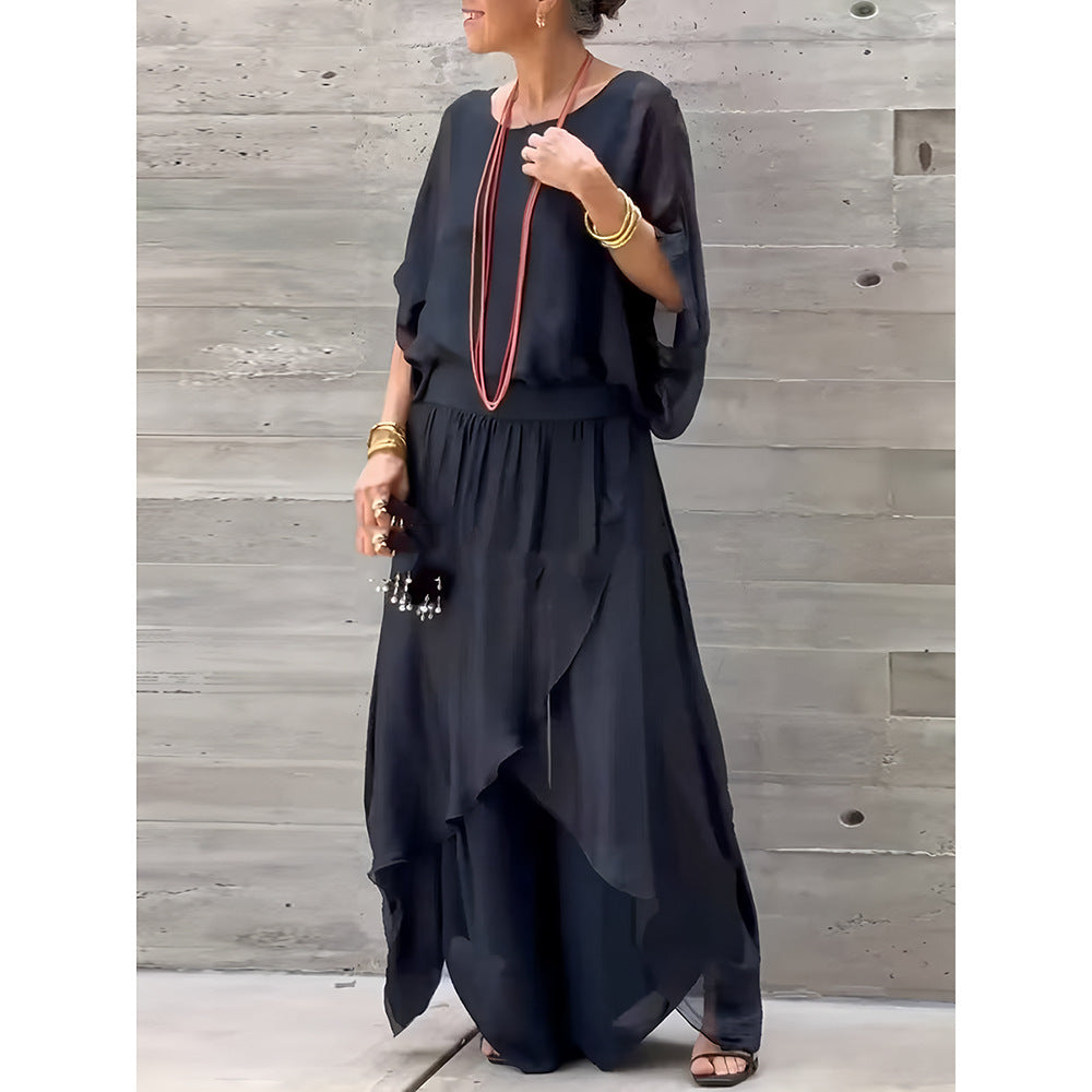 Top Split Wide Leg Pants Chiffon Casual Suit