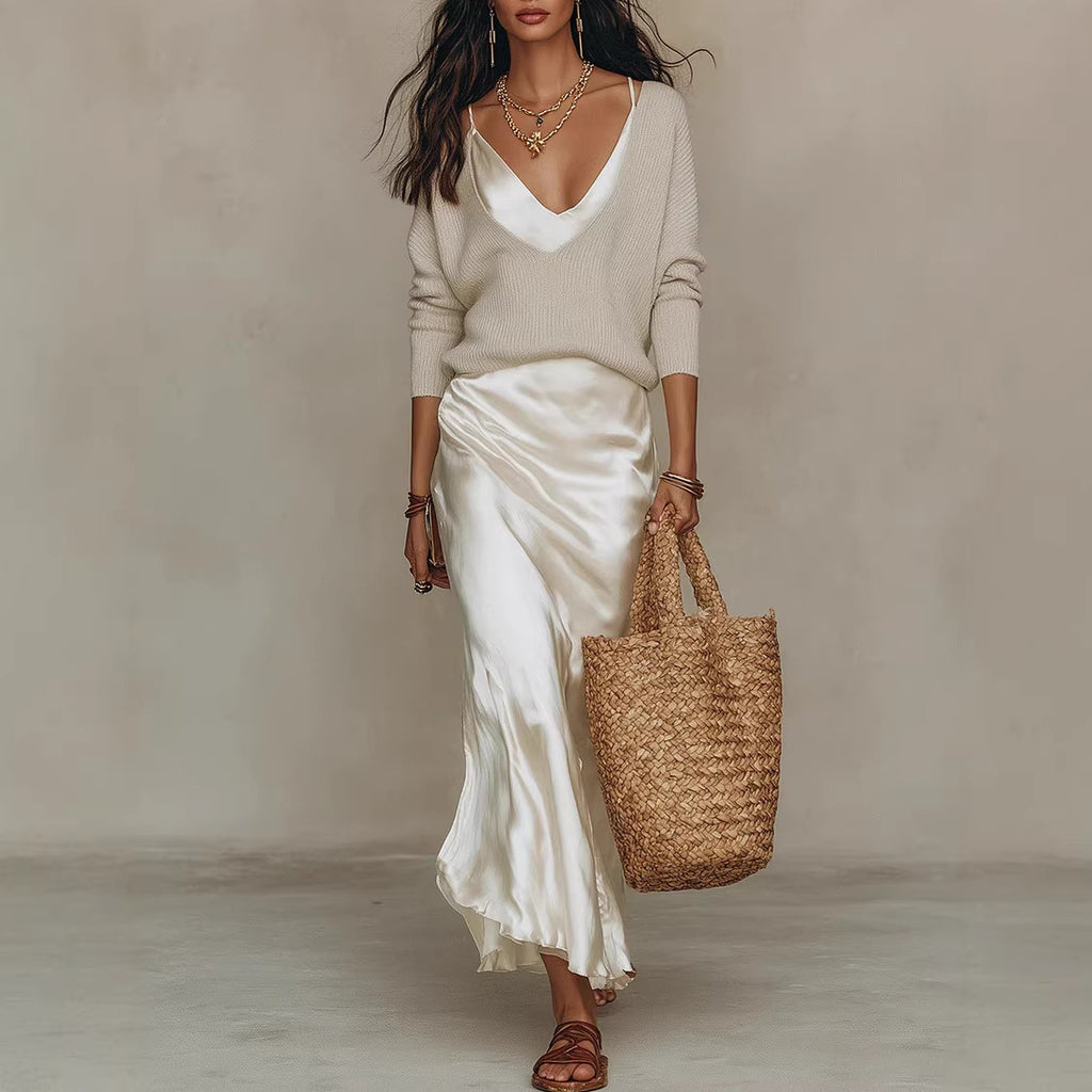 Elegant Commuter Two-Piece Set Top Satin Dress