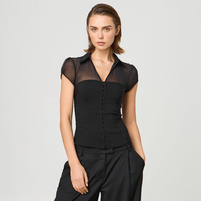 Solid Color And V-neck Hidden Hook Gauzy Stitching T-shirt Top