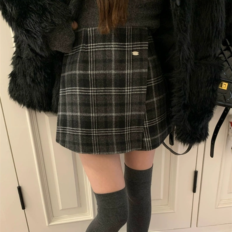 Winter Plaid Woolen Pants And Skirts To Prevent Exposure, Lazy A-line Short Skirts And Shorts