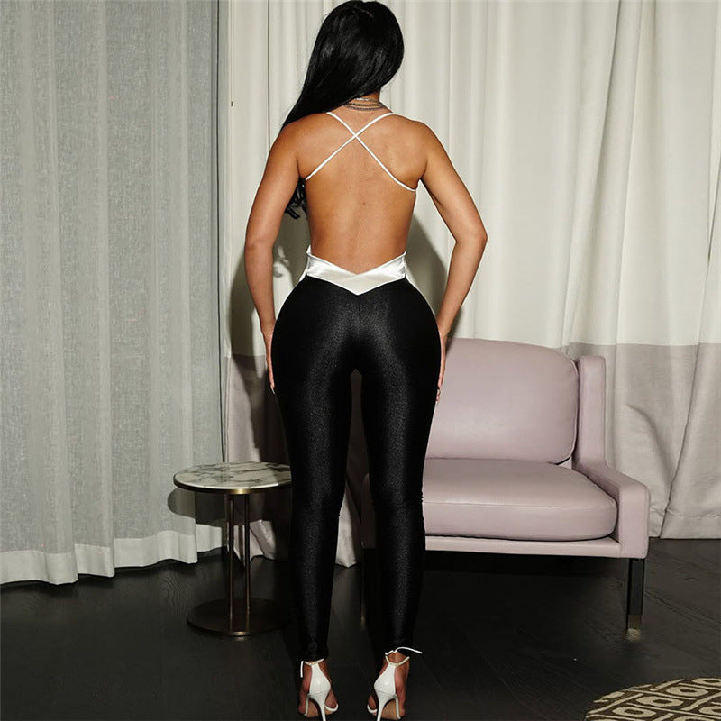 Summer Women's Backless Contrast Color High Waist Tight Slimming One-piece Trousers