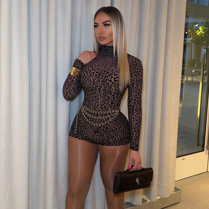 Half Turtleneck Leopard Print Slim Fit Slimming Hip Skirt Women