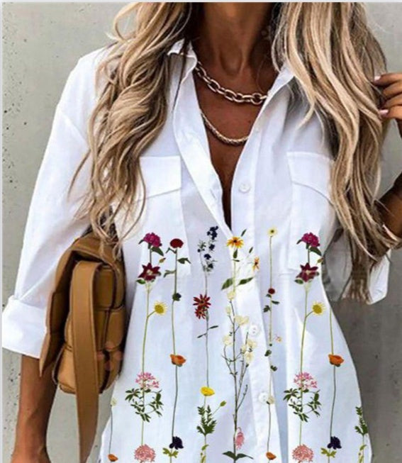 Spring And Summer New Fashionable Printed Collar Long Sleeved Shirt For Women