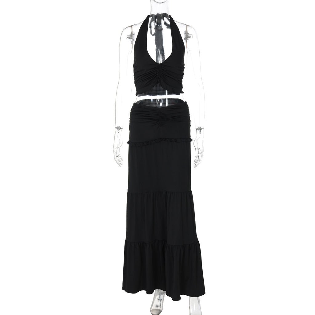 Summer Lace Halterneck Vest Pleated Skirt Suit