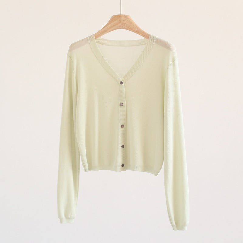 Spring And Summer V-neck Short Tencel Knitted Cardigan Pure Color All-matching
