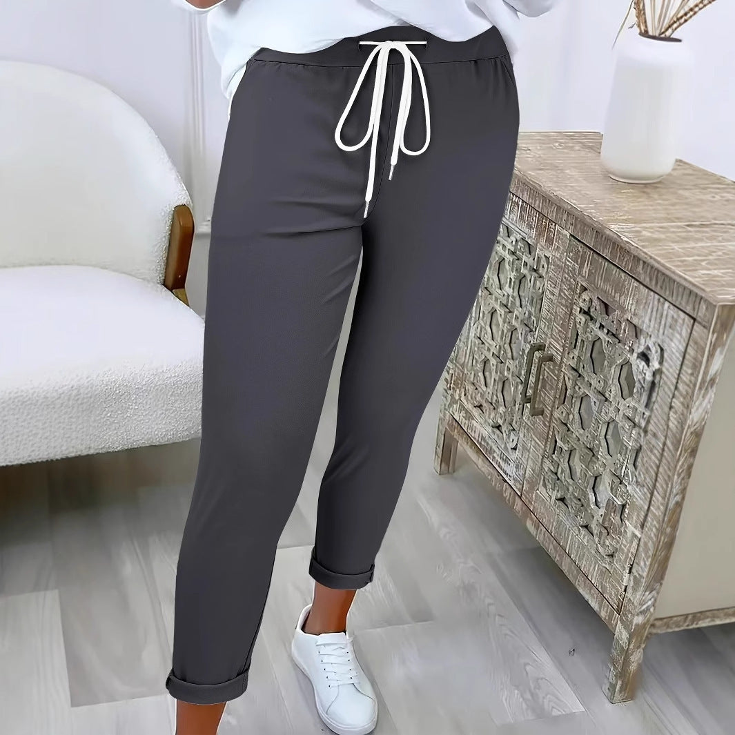 Women's Fashion Belt Lace Up Casual Trousers