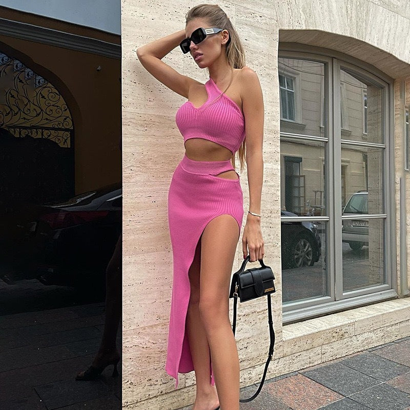 Summer Fashion Temperament Slim Fit Sexy Spicy Girl Outfit Solid Color Slit Thread Skirt Set