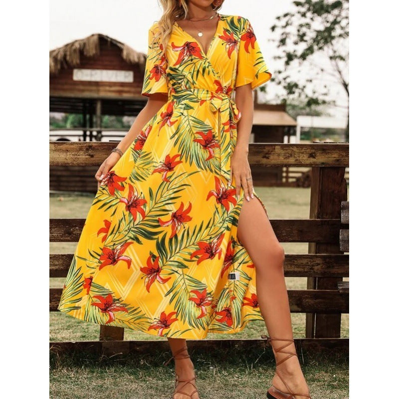 Summer Women's Printed Short Sleeve Dress V-neck Waist-slimming Long Dress